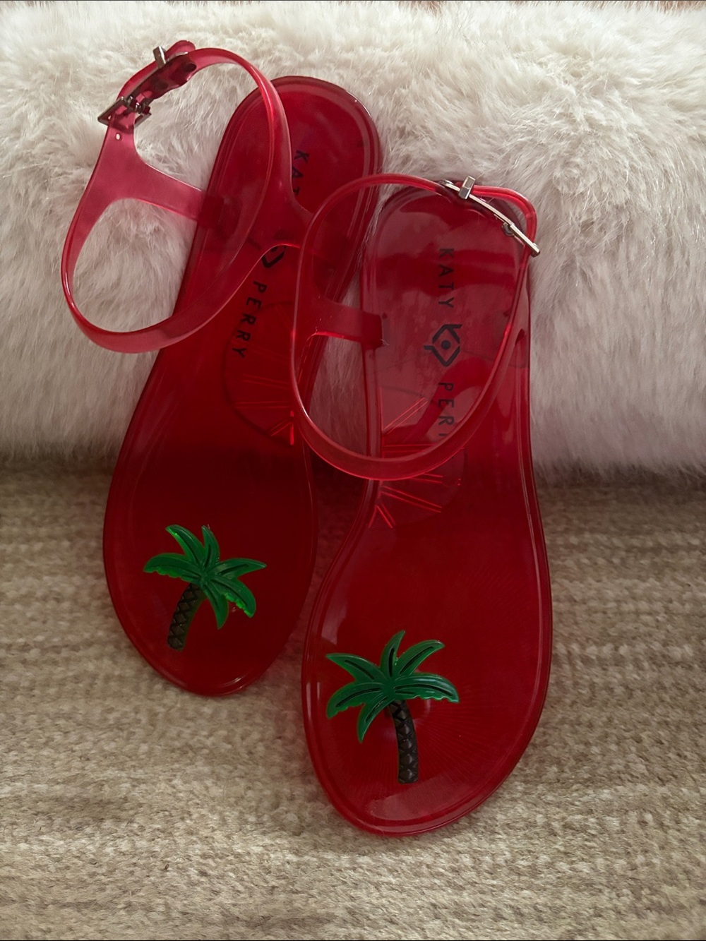 Katy Perry Collections Red Jelly Sandals with Green Palm Accent